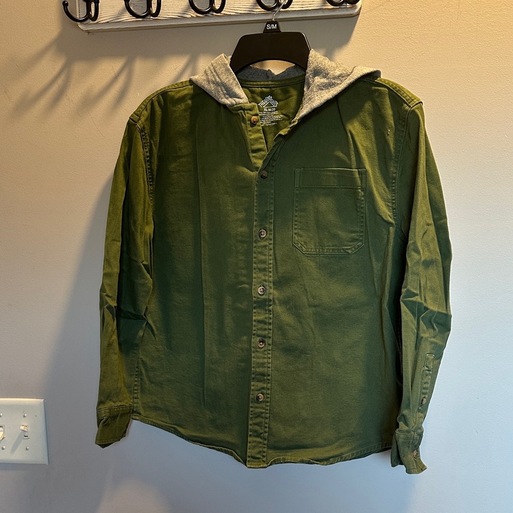 Kids Olive Hooded Button Down Shirt
